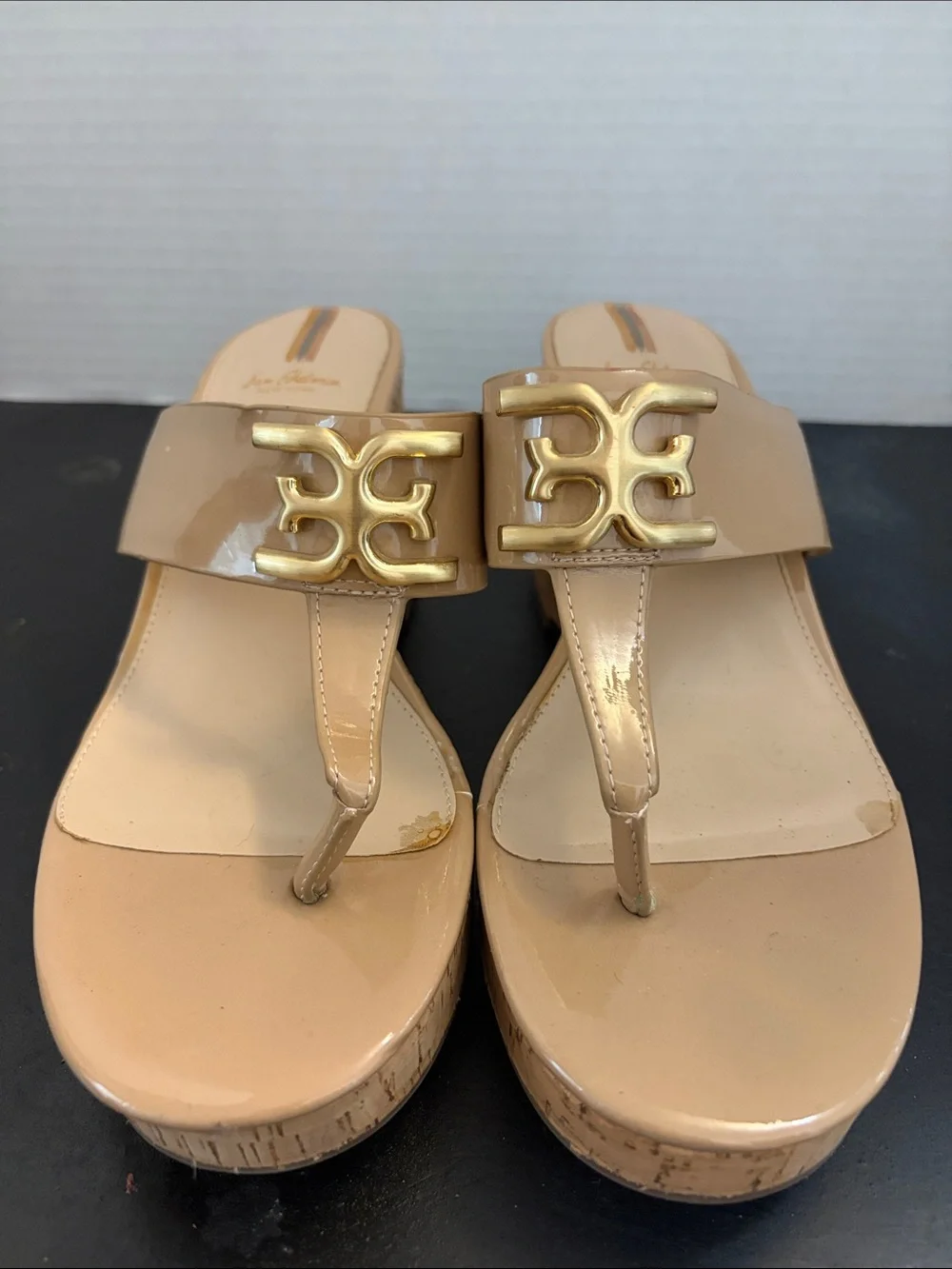 Sam Edelman Beige Patent Cork Wedge Thong Sandals with Gold Logo, Size 9